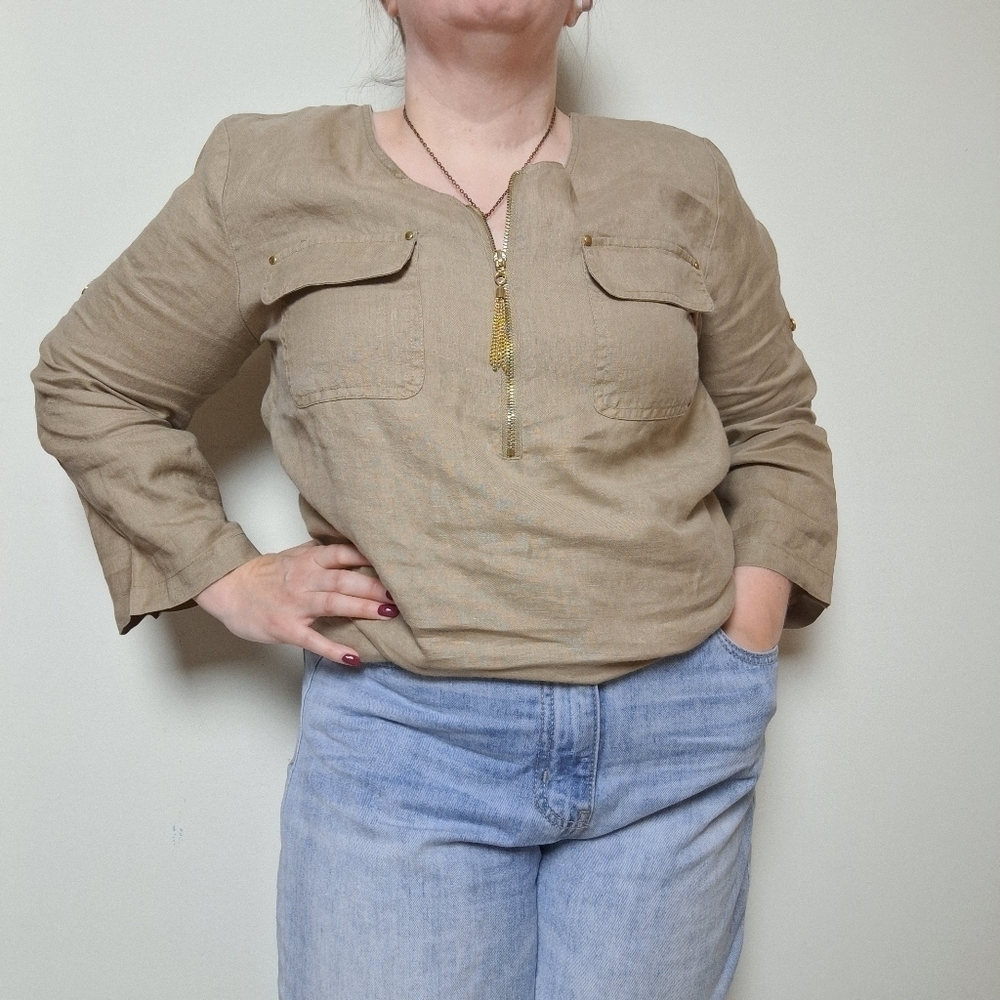 Company by Ellen Tracy Neutral Tan Quarter Sleeve 100% Linen Top Size Medium